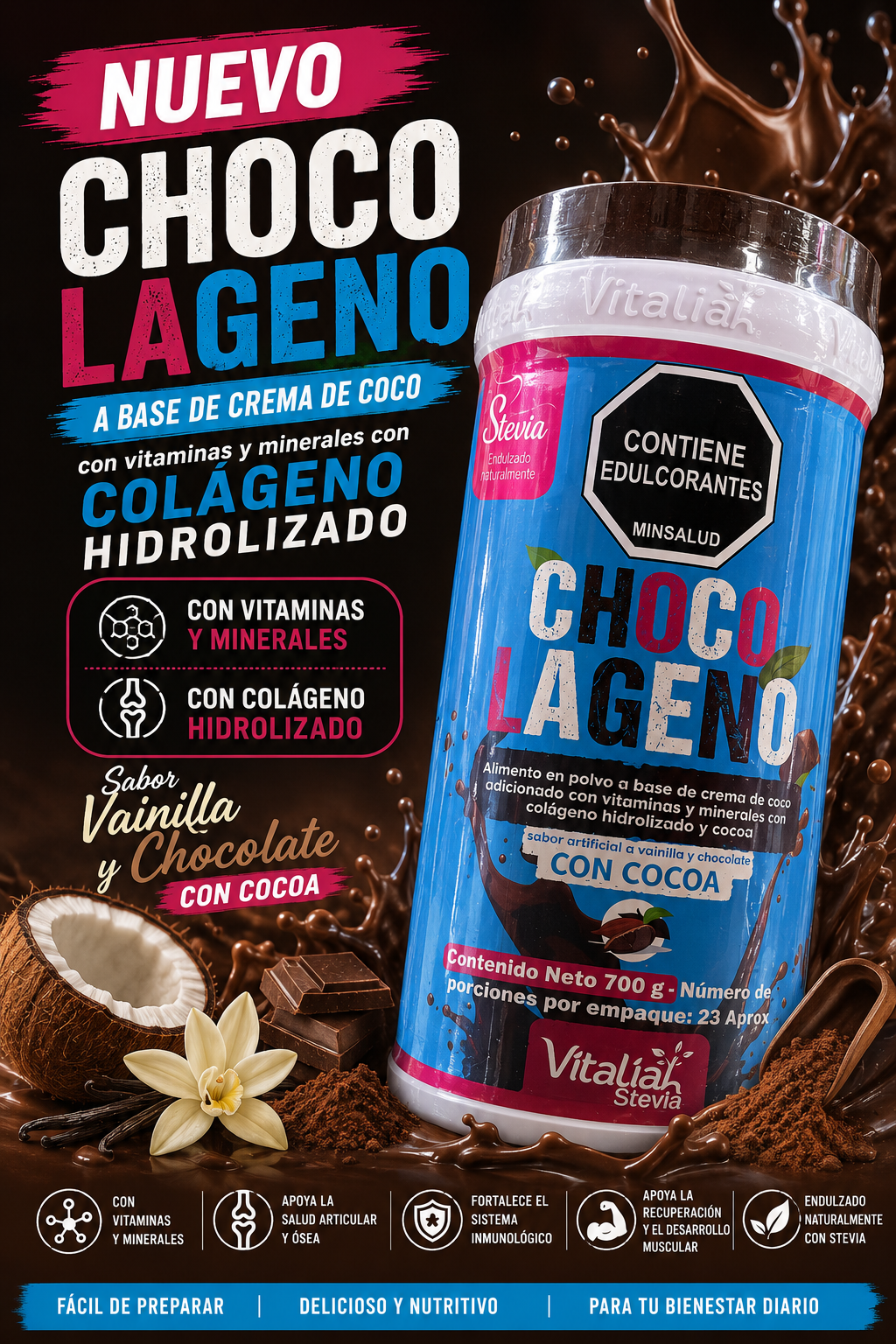 Colageno hidrolizado con cocoa sabor vainilla y chocolate de vitaliah