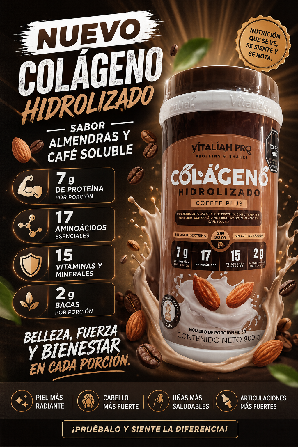 Colageno hidrolizado sabor almendras y café soluble de vitaliah